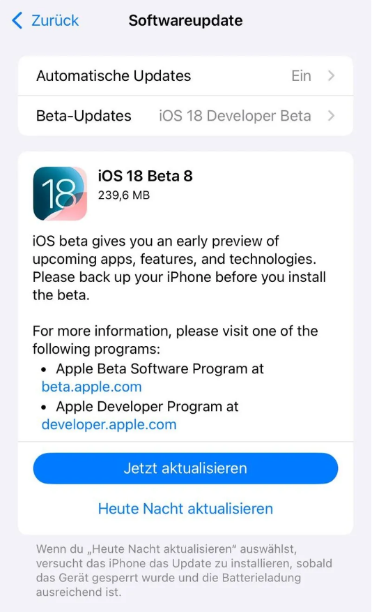 平远苹果手机维修分享苹果 iOS / iPadOS 18 开发者预览版 Beta 8 发布 